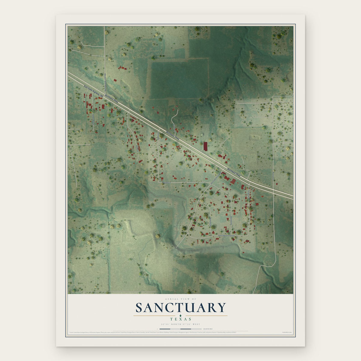Sanctuary, Texas map print, the full design