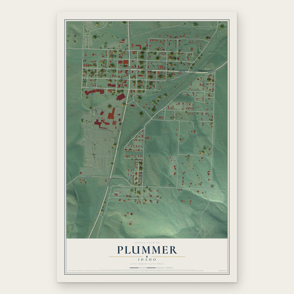 Plummer, Idaho map print, the full design