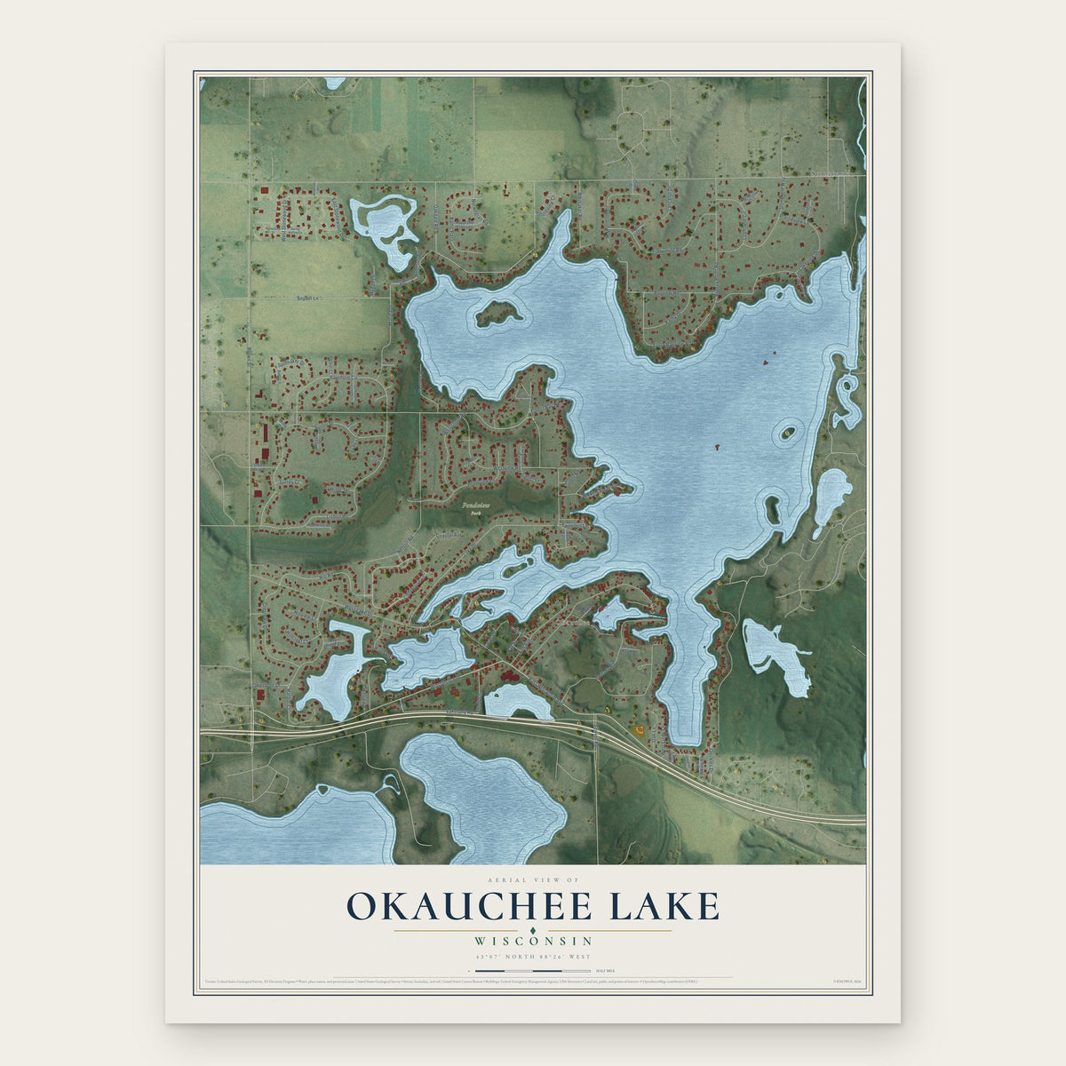 Okauchee Lake, Wisconsin map print, the full design