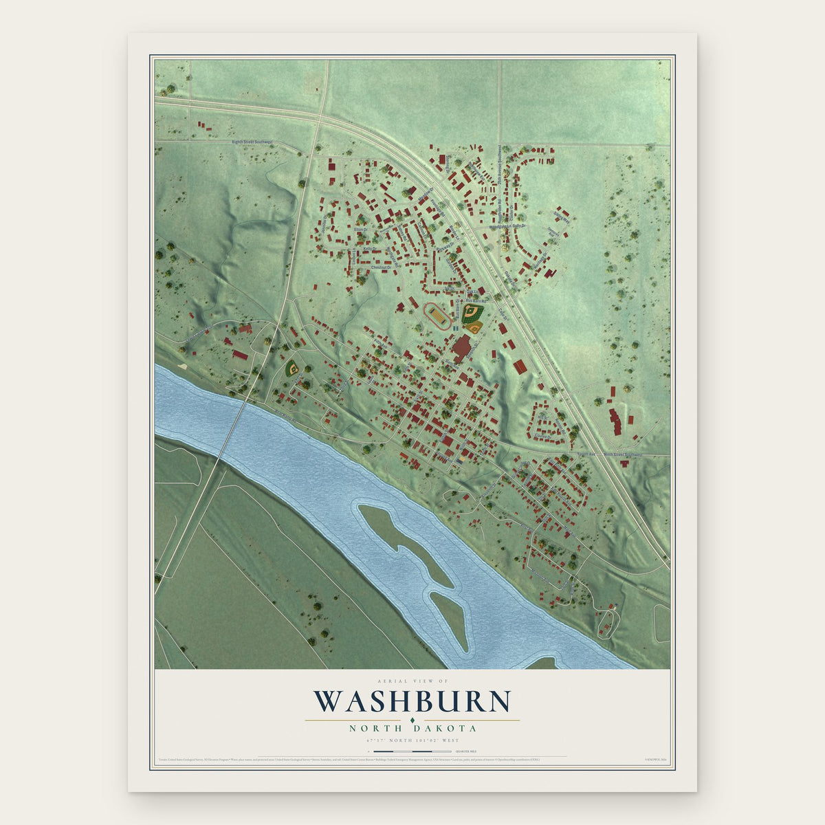Washburn, North Dakota map print, the full design