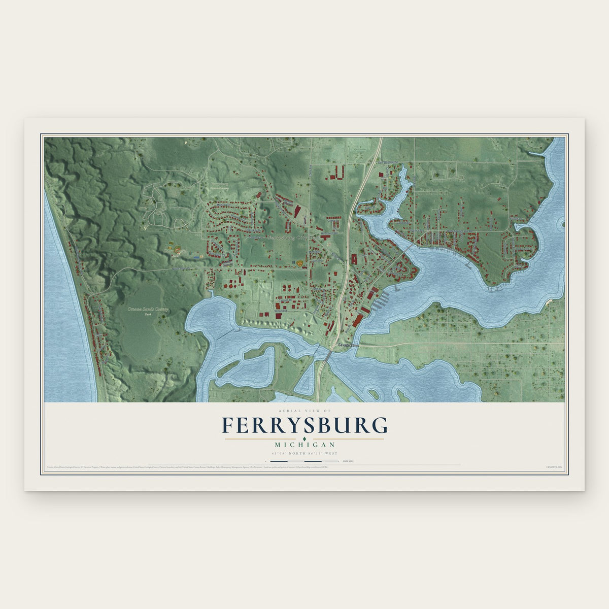 Ferrysburg, Michigan map print, the full design