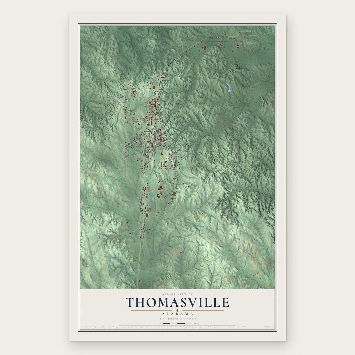 Thomasville, Alabama map print, the full design
