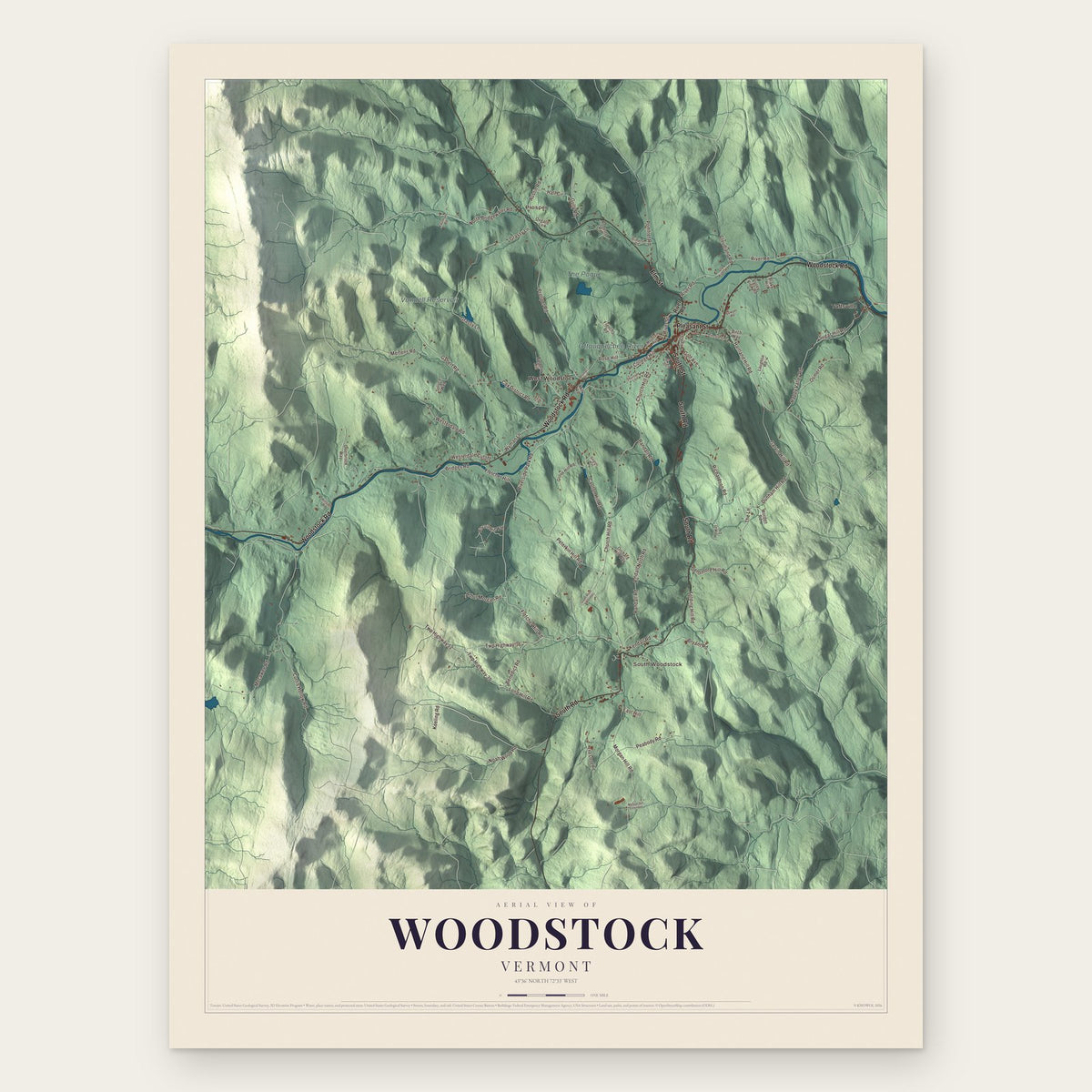 Woodstock, Vermont map print, the full design
