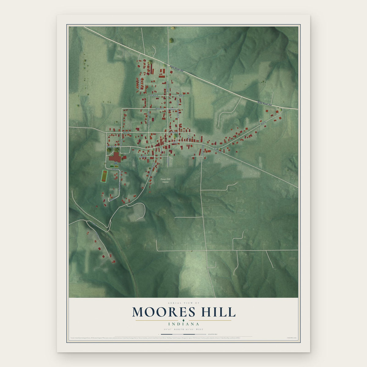 Moores Hill, Indiana map print, the full design