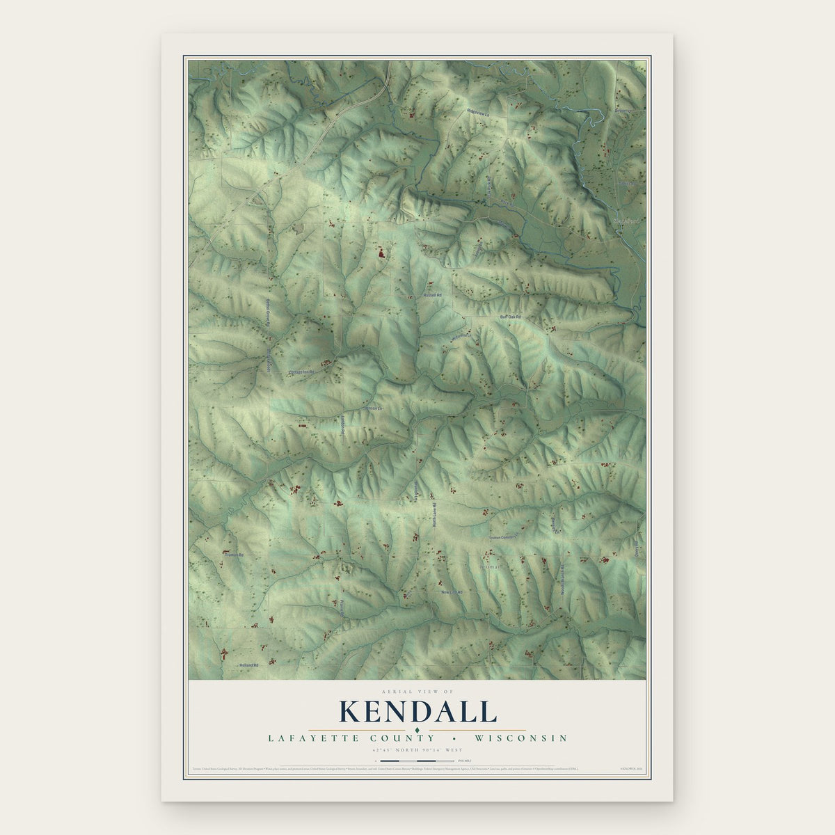 Kendall, Lafayette County, Wisconsin map print, the full design