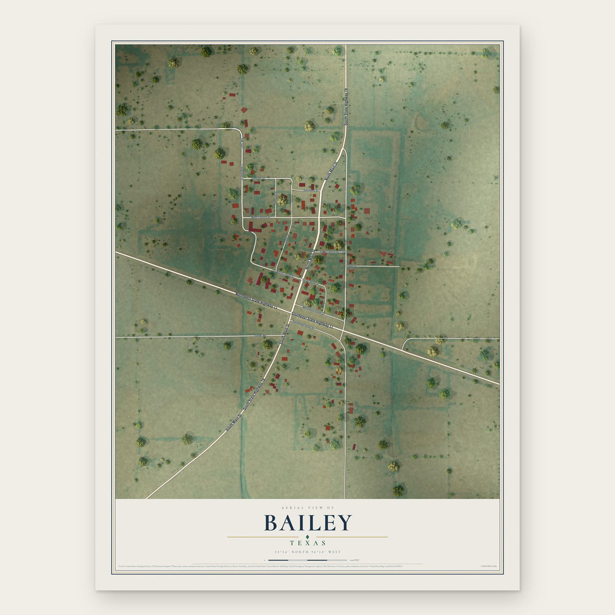Bailey, Texas map print, the full design
