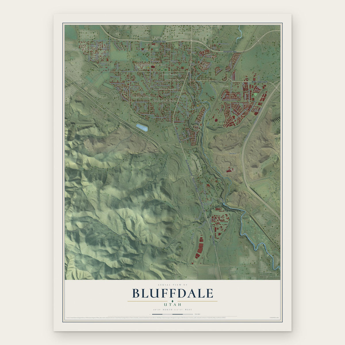 Bluffdale, Utah map print, the full design