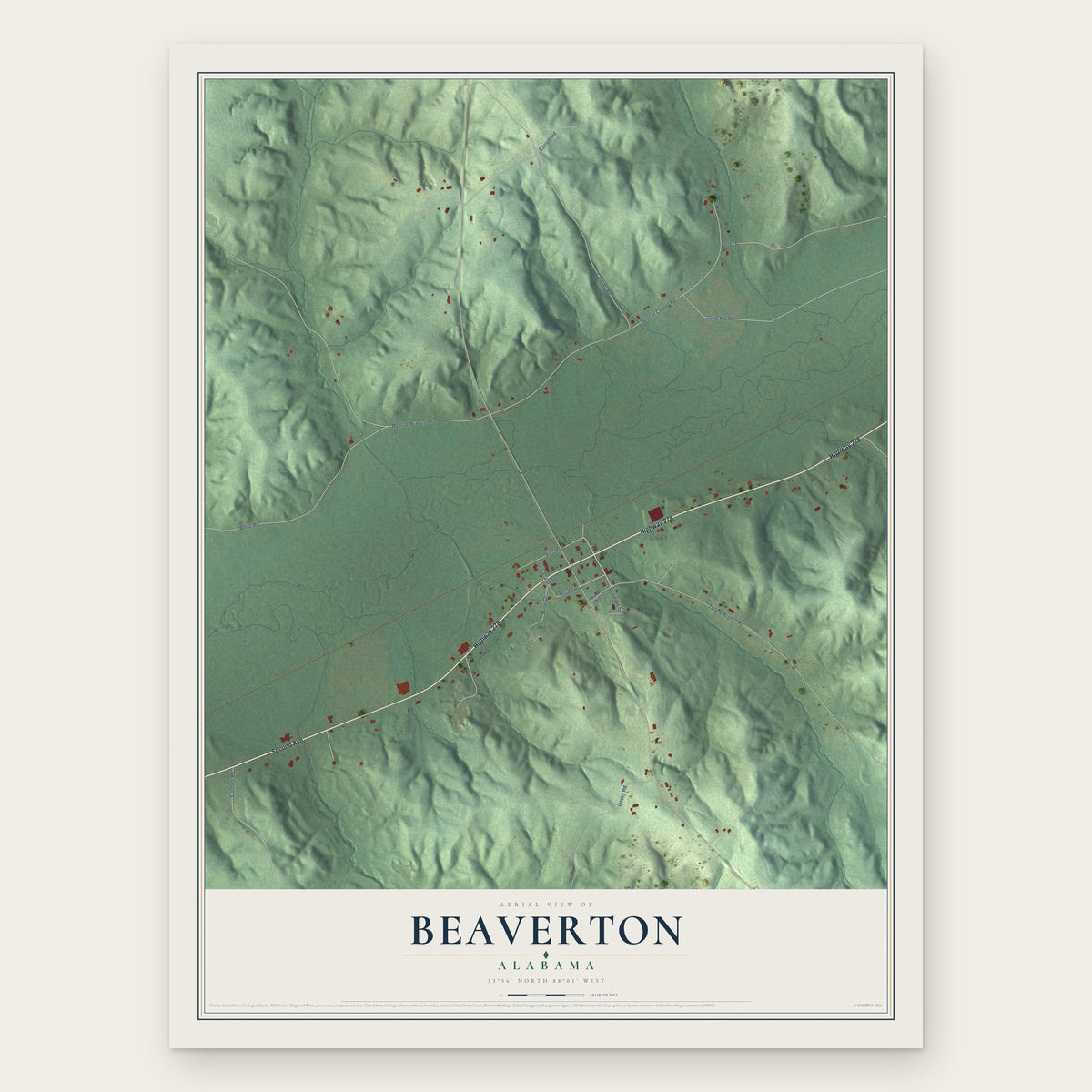 Beaverton, Alabama map print, the full design