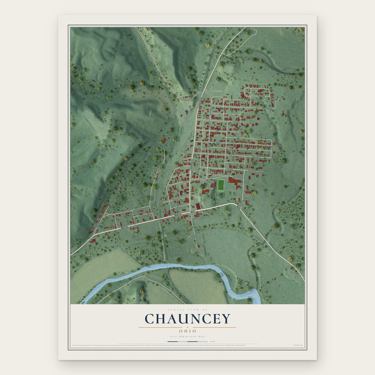 Chauncey, Ohio map print, the full design