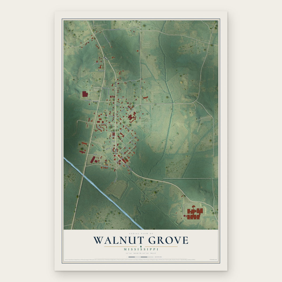 Walnut Grove, Mississippi map print, the full design
