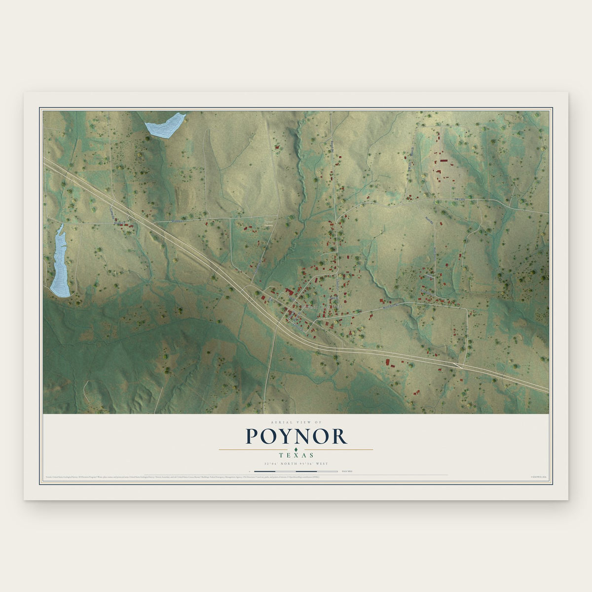 Poynor, Texas map print, the full design
