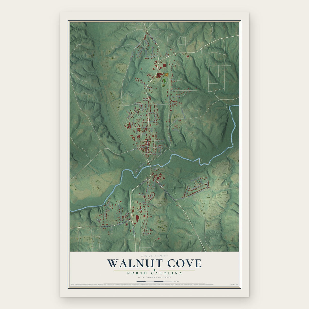 Walnut Cove, North Carolina map print, the full design