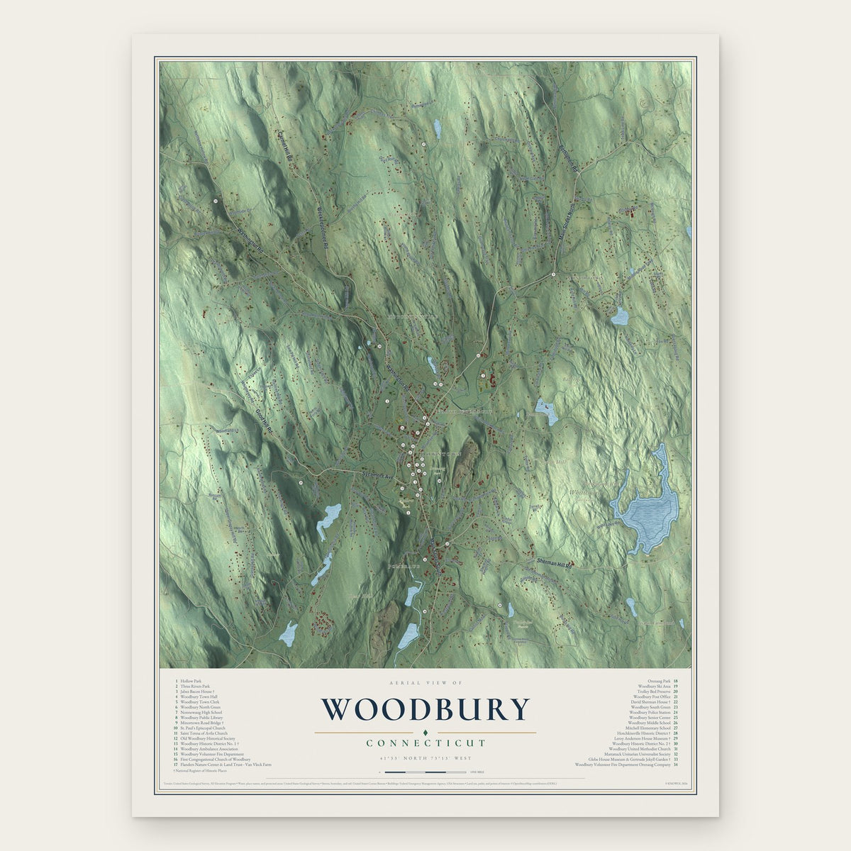 Woodbury, Connecticut map print, the full design