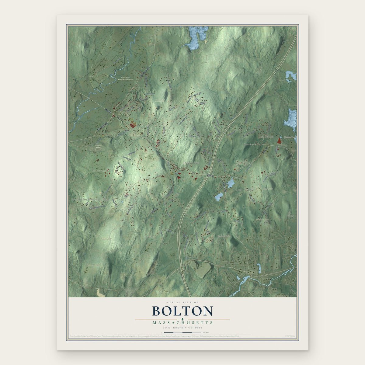 Bolton, Massachusetts map print, the full design