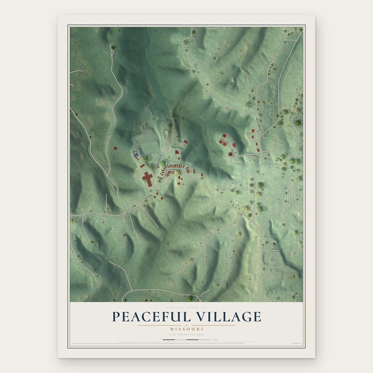 Peaceful Village, Missouri map print, the full design