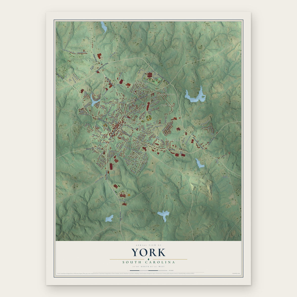 York, South Carolina map print, the full design