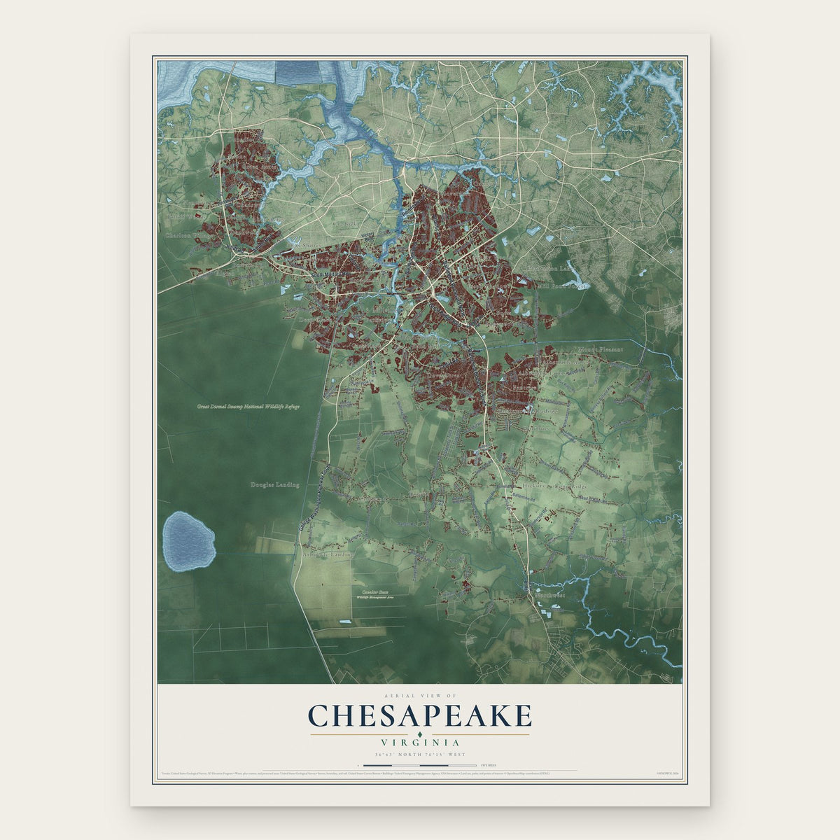Chesapeake, Virginia map print, the full design