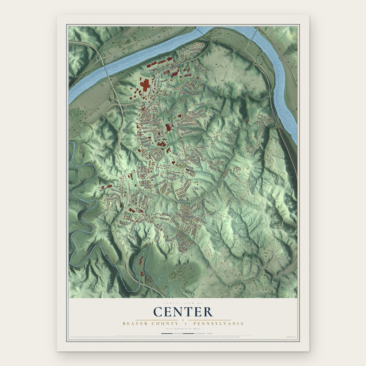 Center, Beaver County, Pennsylvania map print, the full design