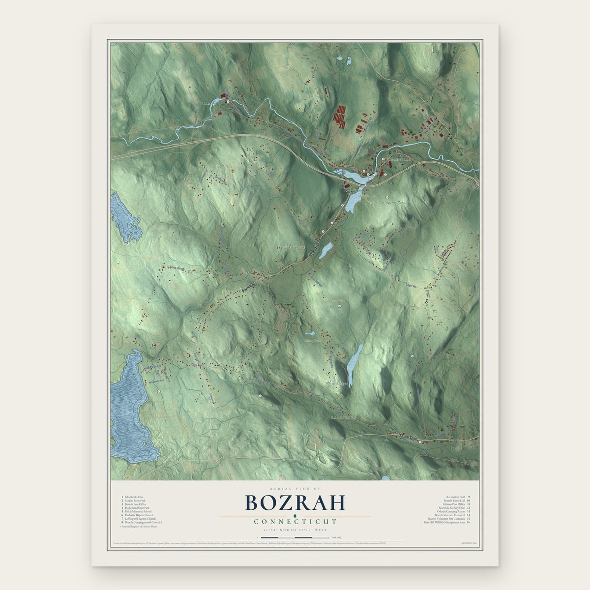 Bozrah, Connecticut map print, the full design