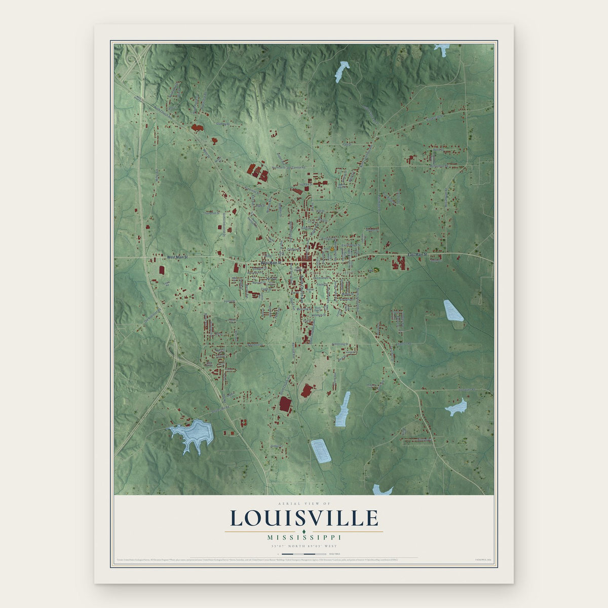 Louisville, Mississippi map print, the full design