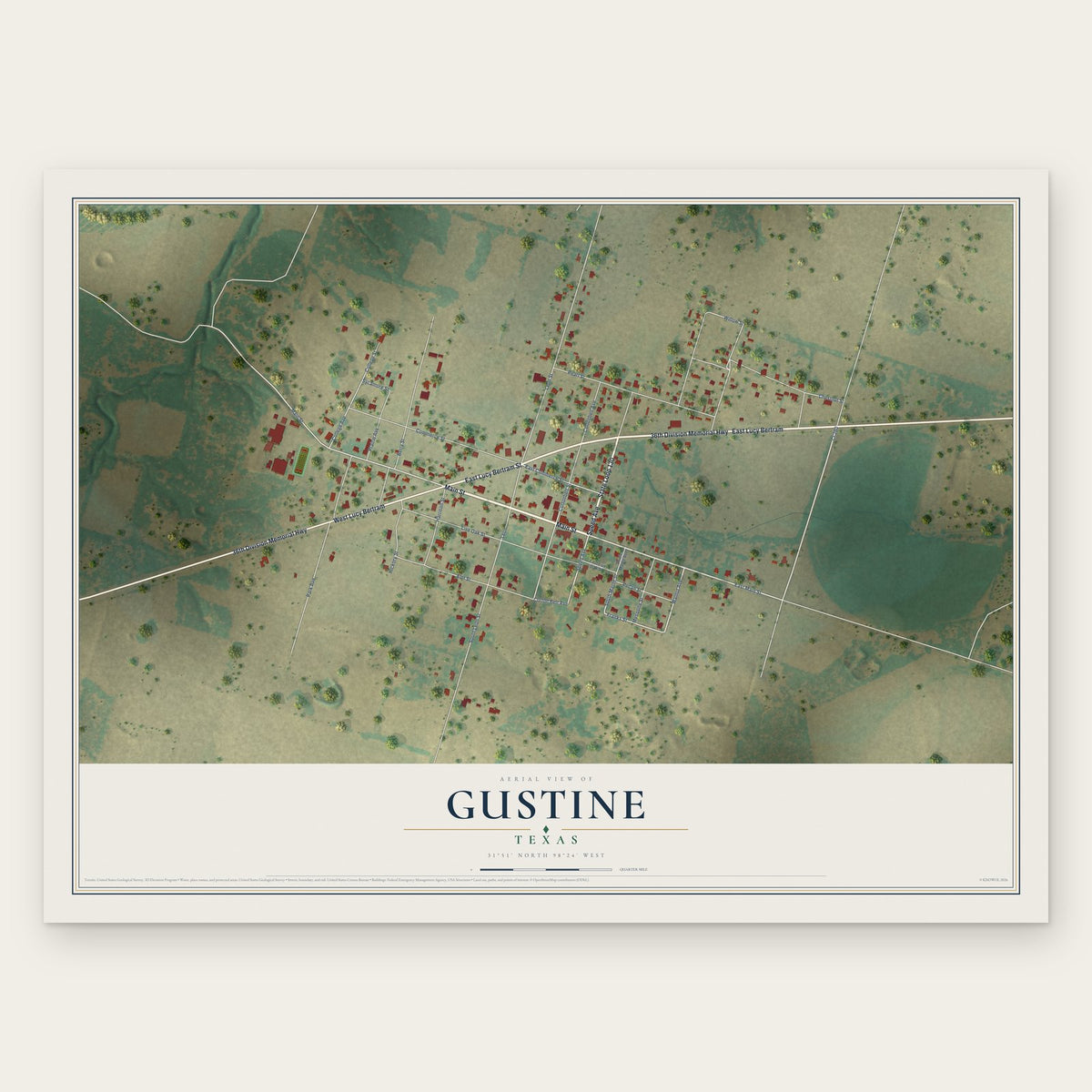 Gustine, Texas map print, the full design