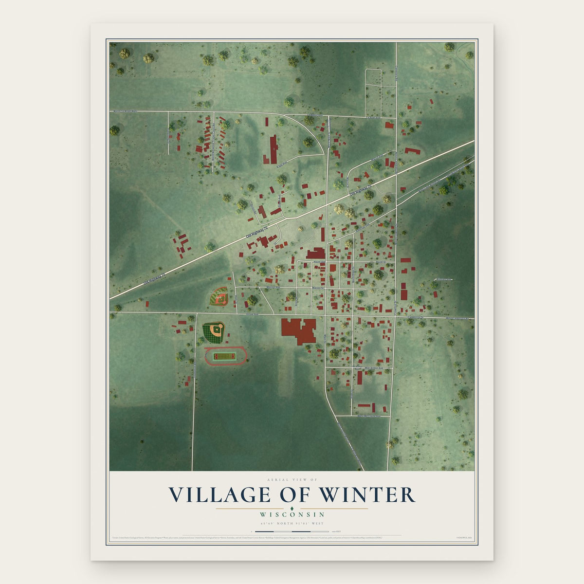 Winter, Wisconsin map print, the full design
