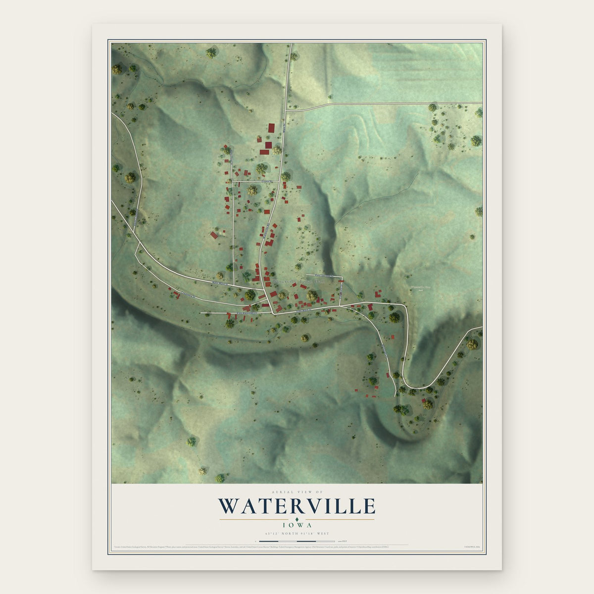 Waterville, Iowa map print, the full design