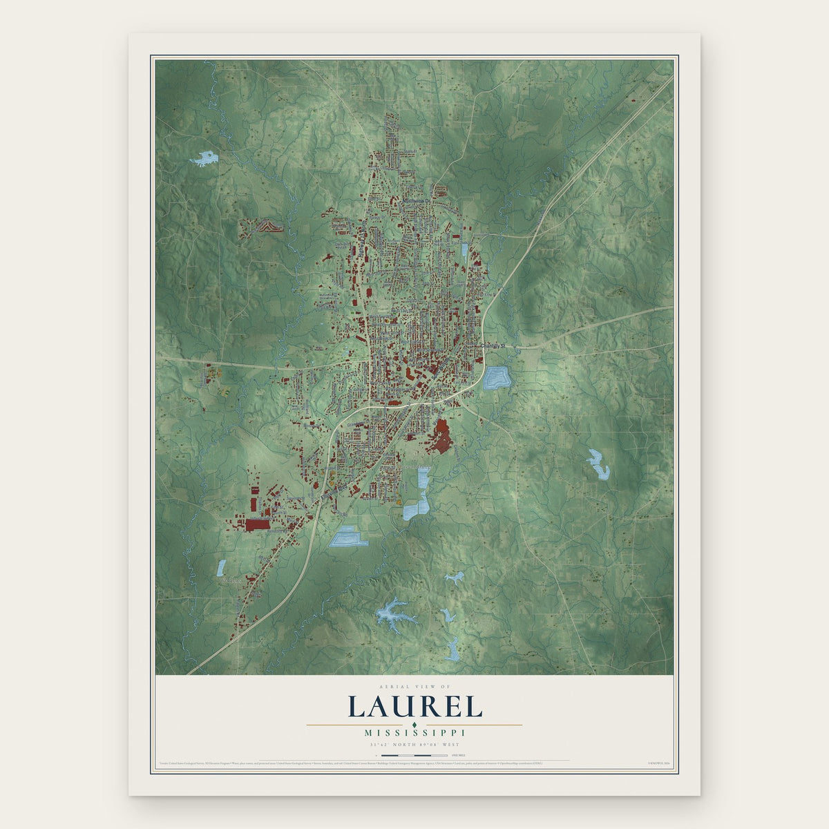 Laurel, Mississippi map print, the full design