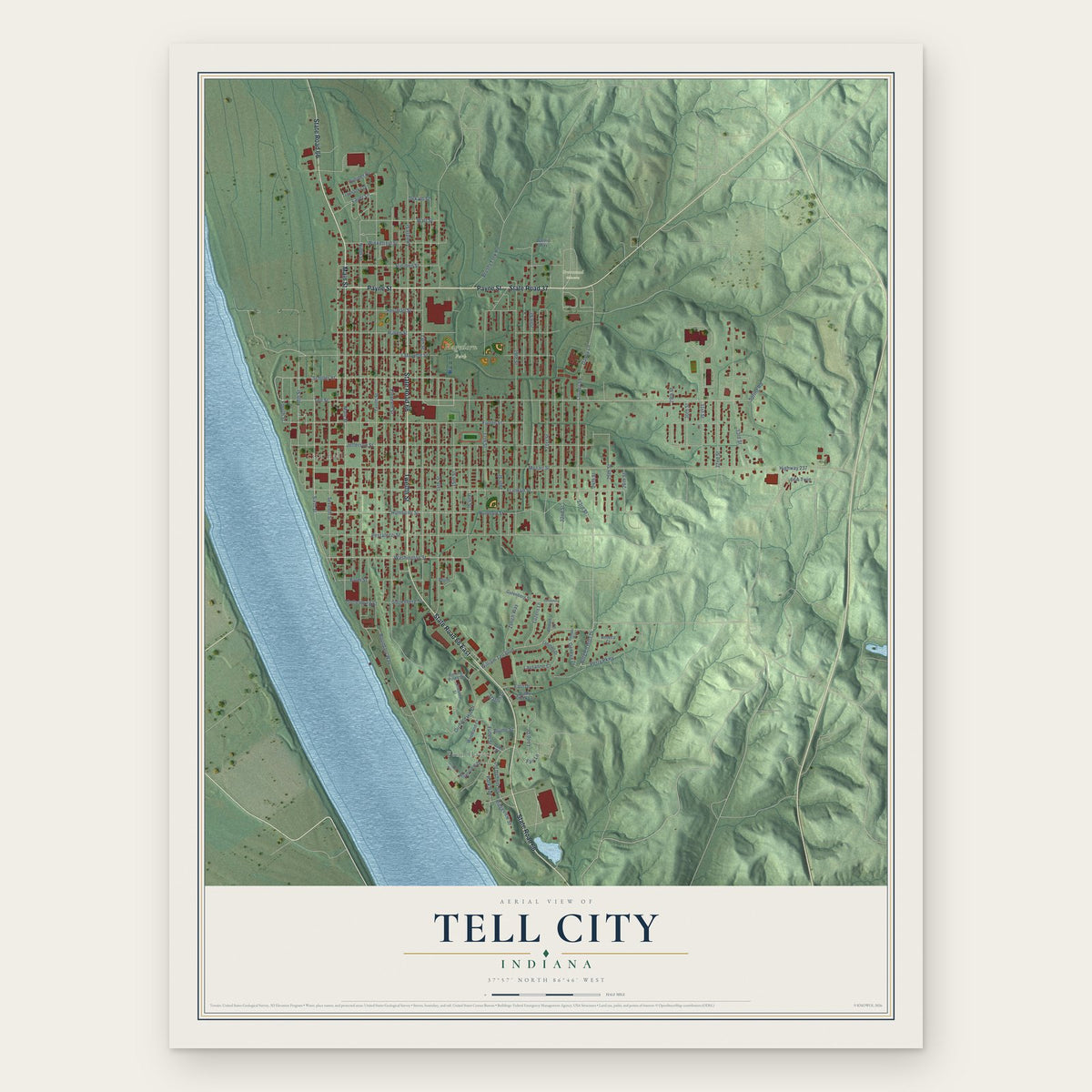 Tell City, Indiana map print, the full design