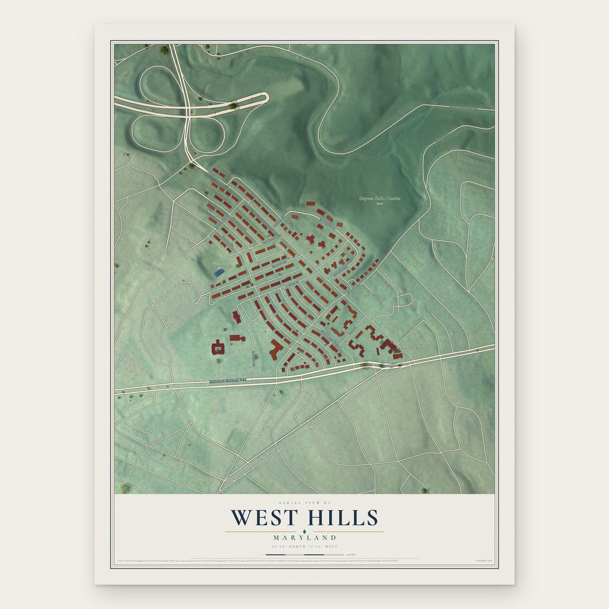 West Hills, Maryland map print, the full design
