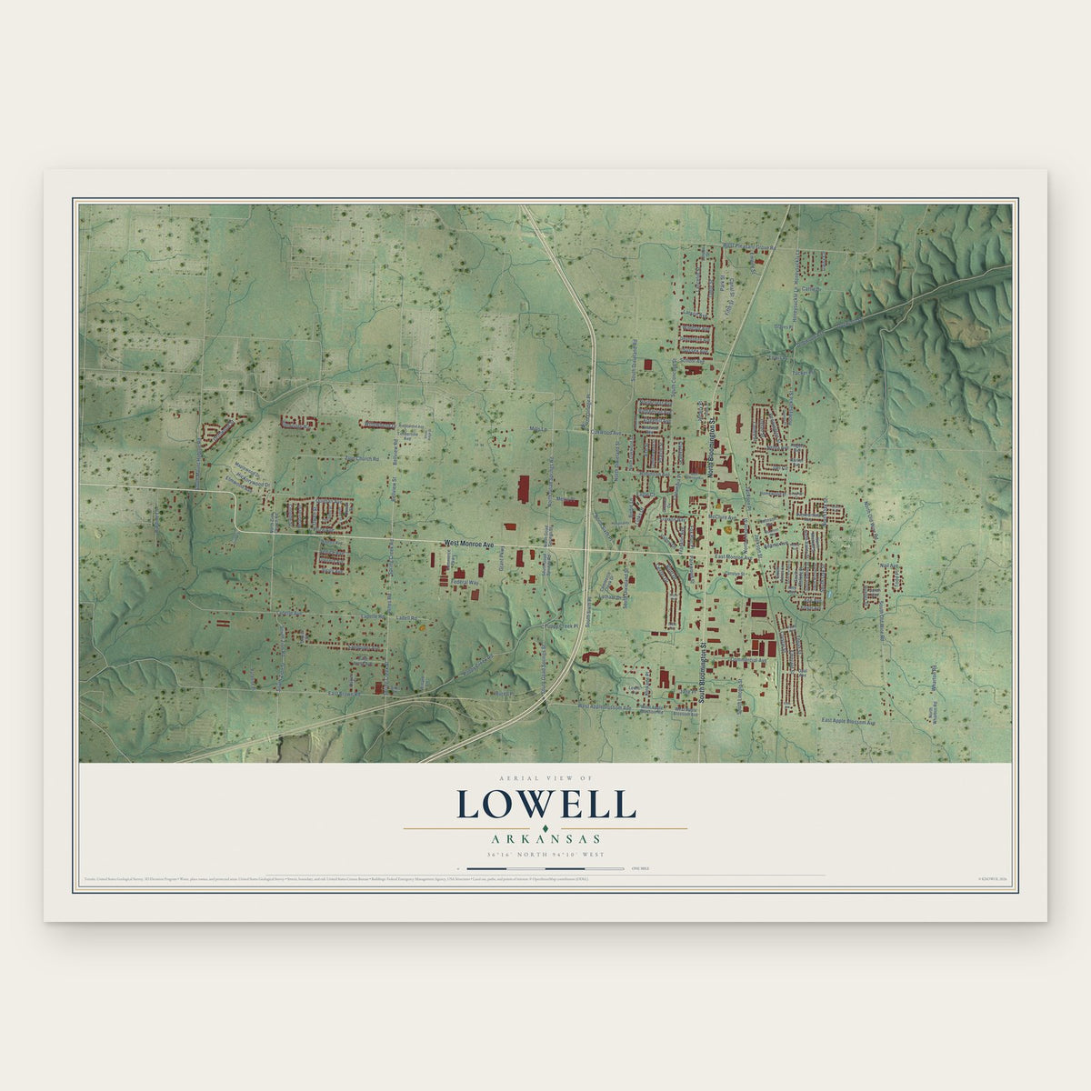 Lowell, Arkansas map print, the full design