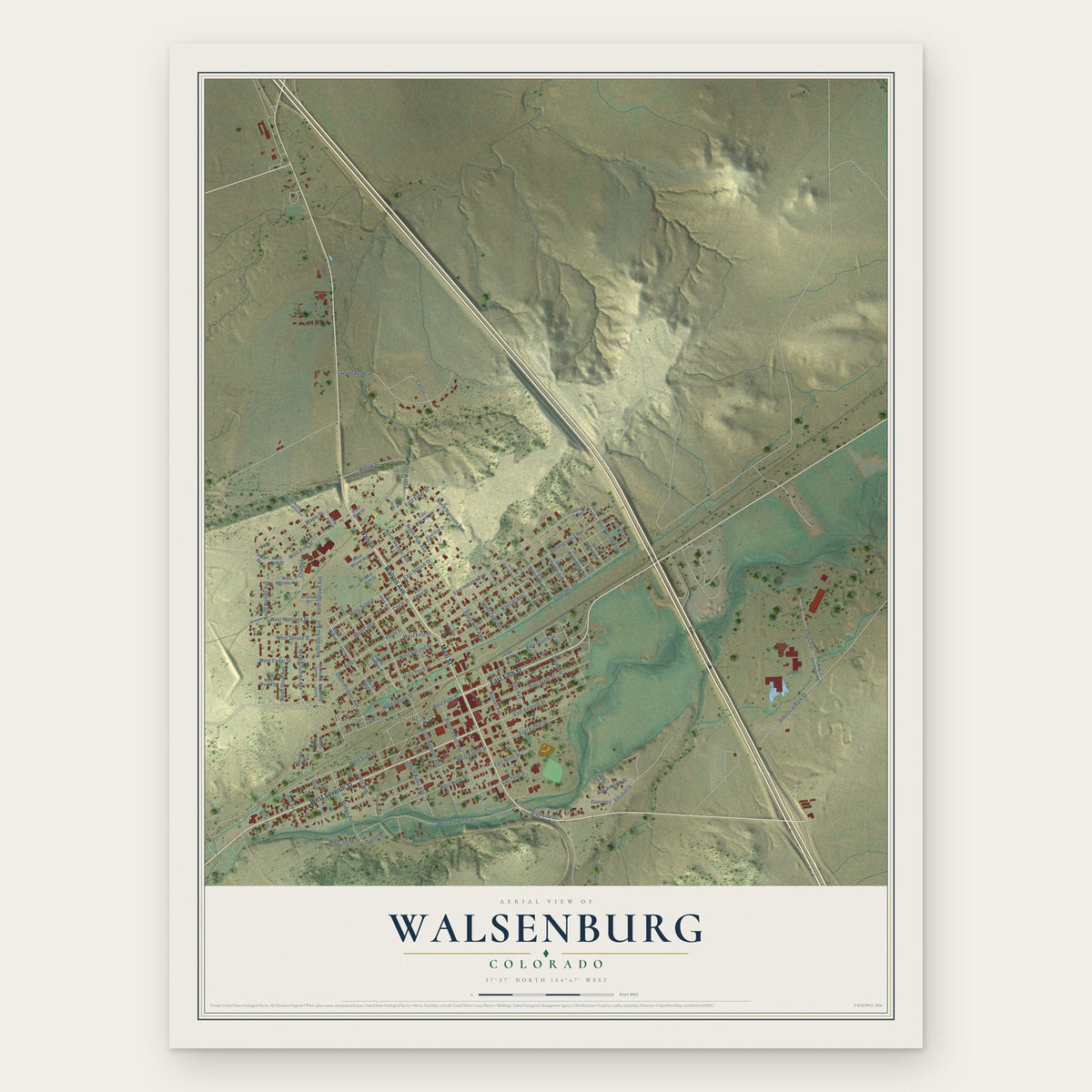 Walsenburg, Colorado map print, the full design
