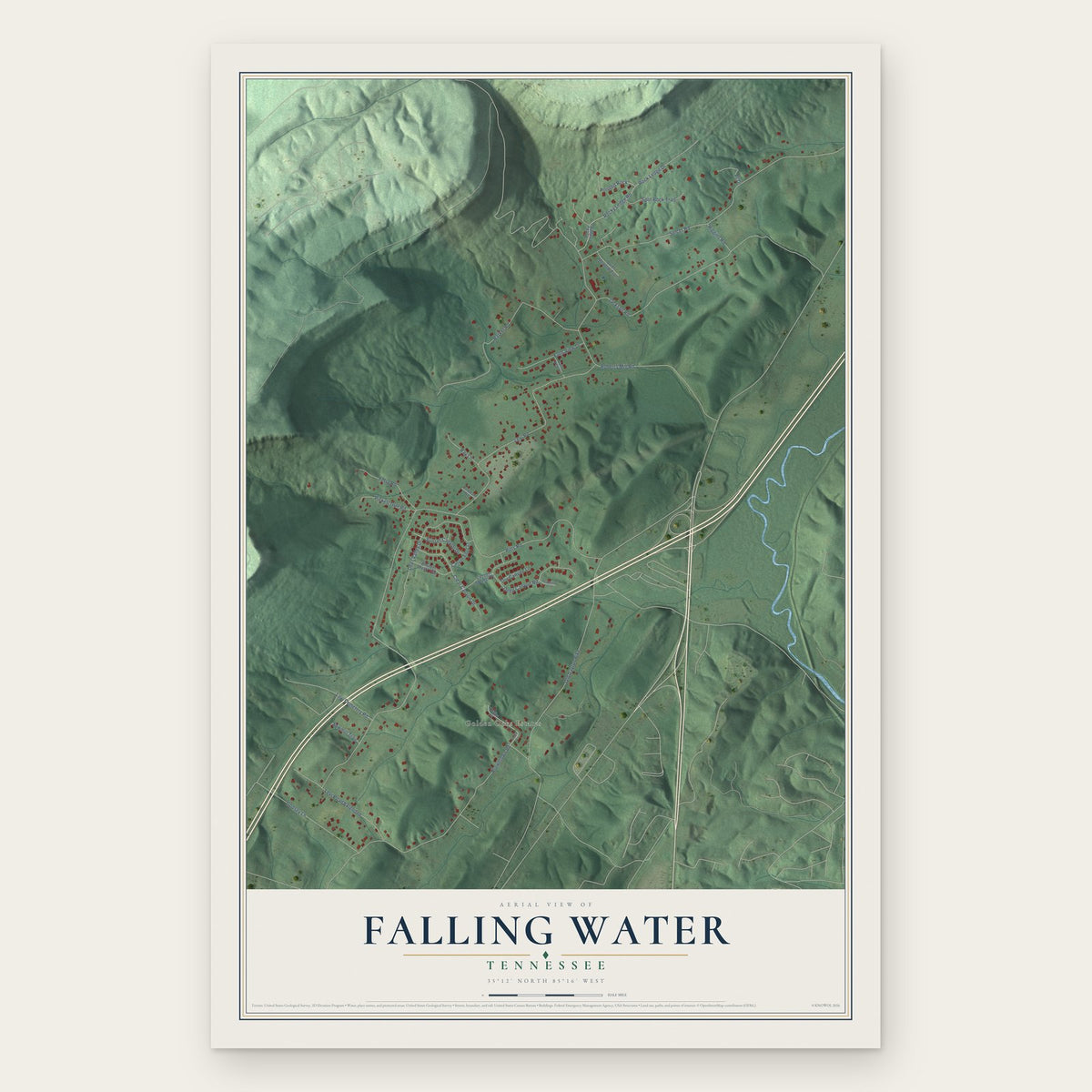 Falling Water, Tennessee map print, the full design