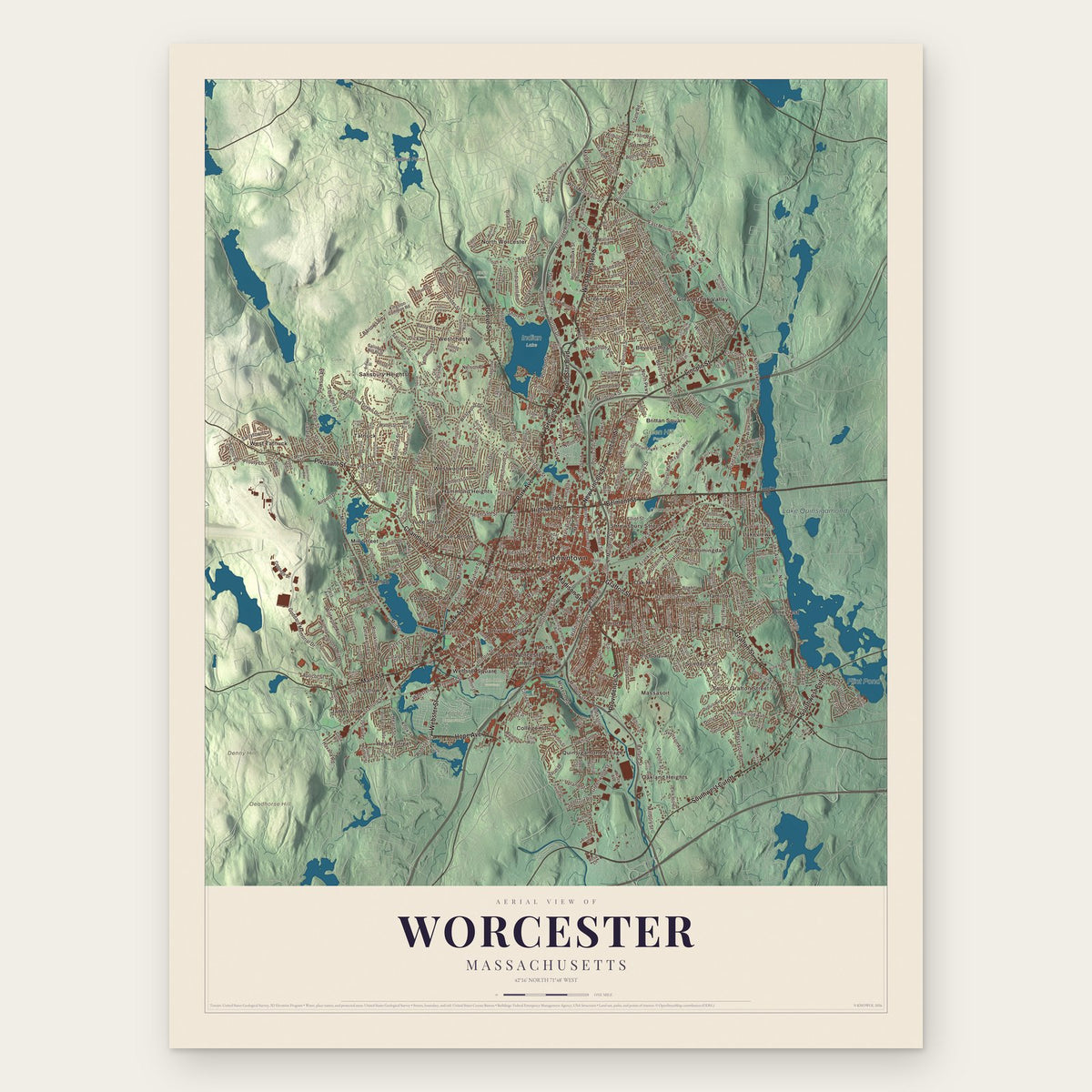 Worcester, Massachusetts map print, the full design