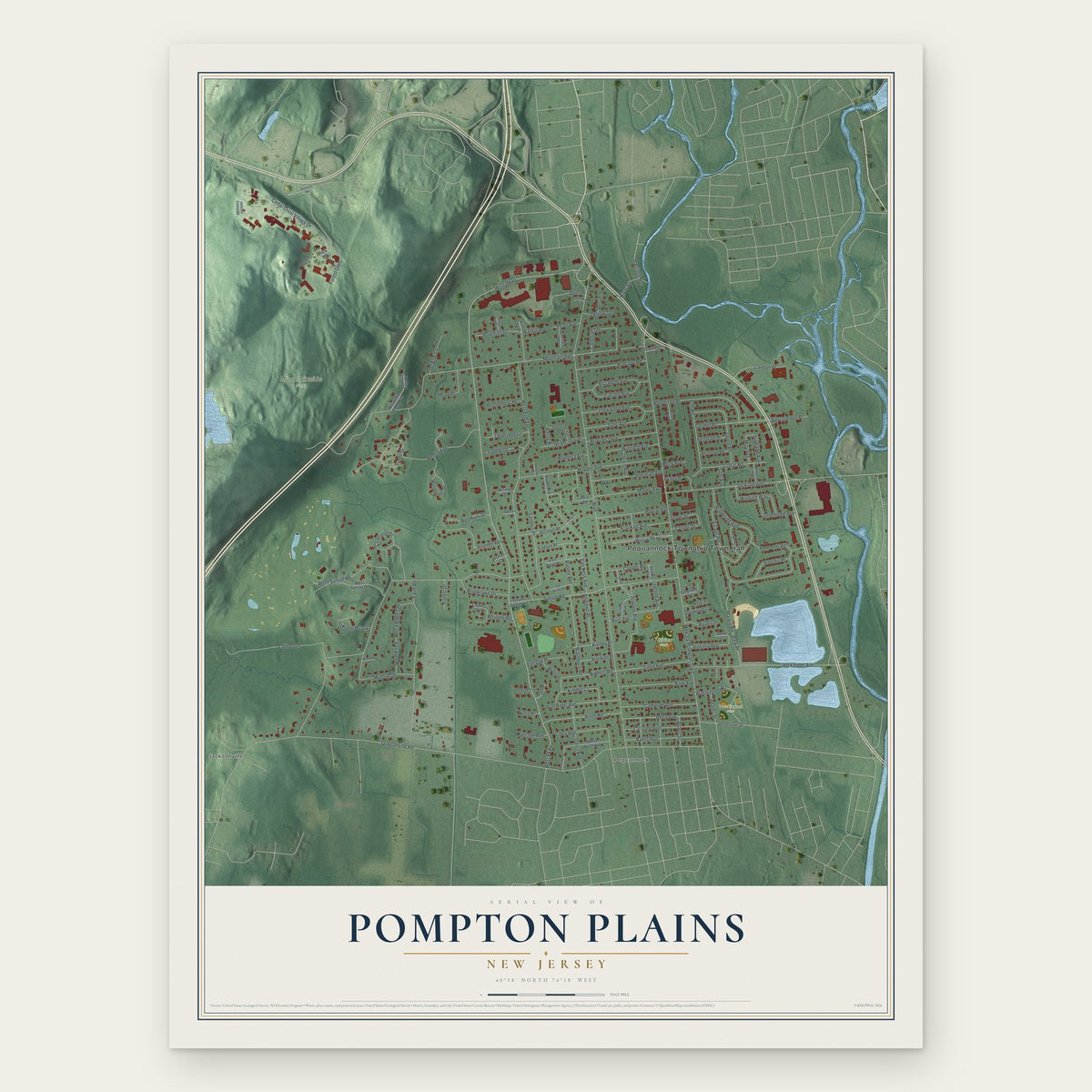 Pompton Plains, New Jersey map print, the full design
