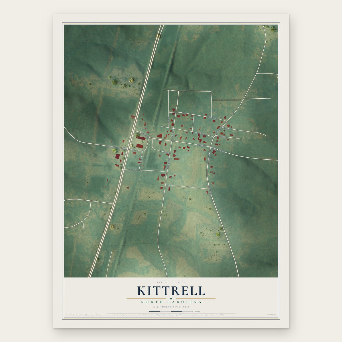 Kittrell, North Carolina map print, the full design