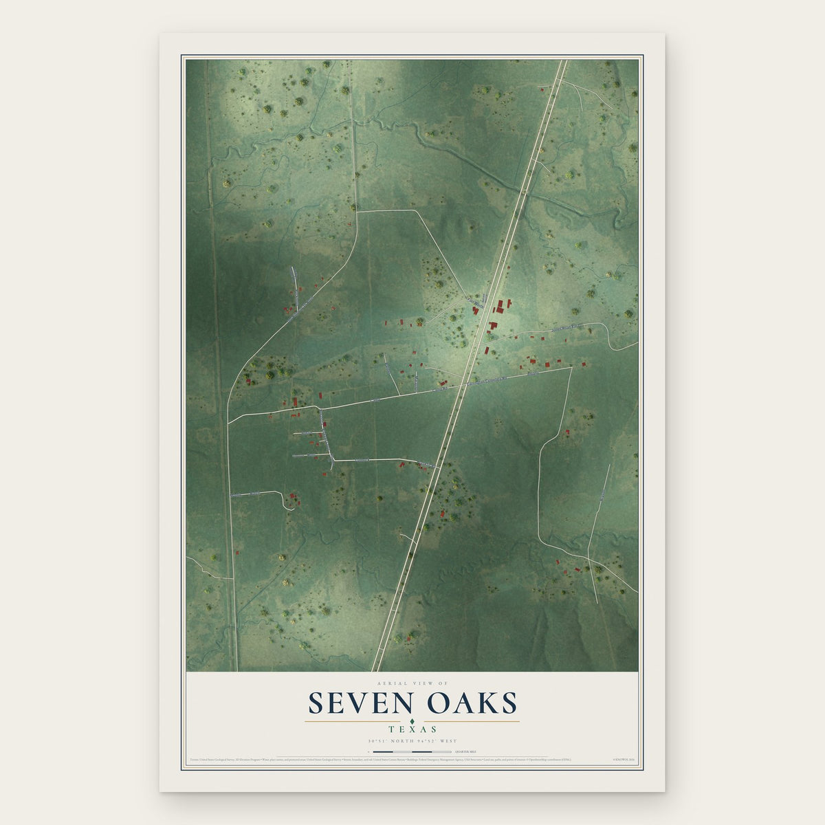Seven Oaks, Texas map print, the full design