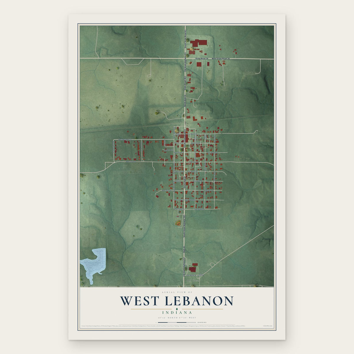 West Lebanon, Indiana map print, the full design