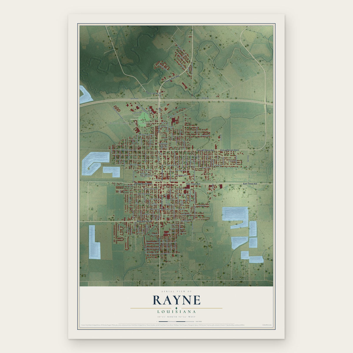 Rayne, Louisiana map print, the full design