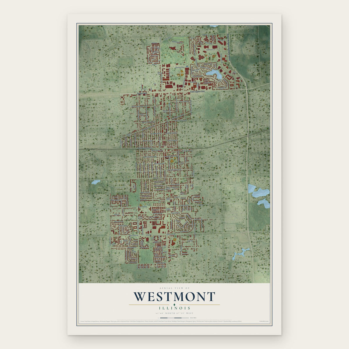 Westmont, Illinois map print, the full design