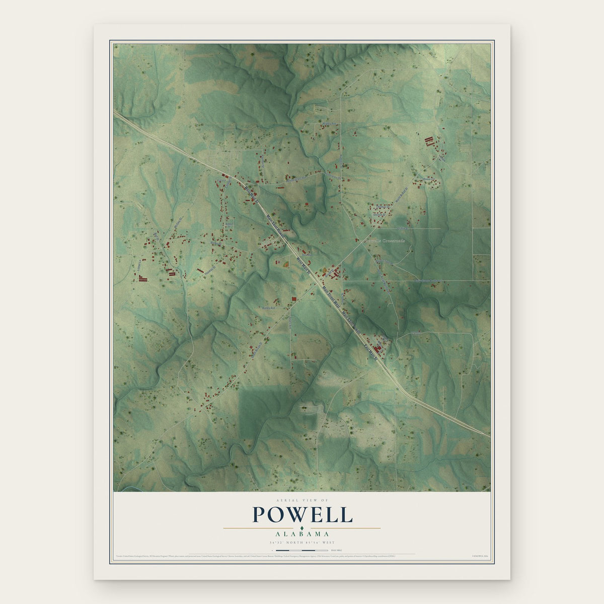 Powell, Alabama map print, the full design