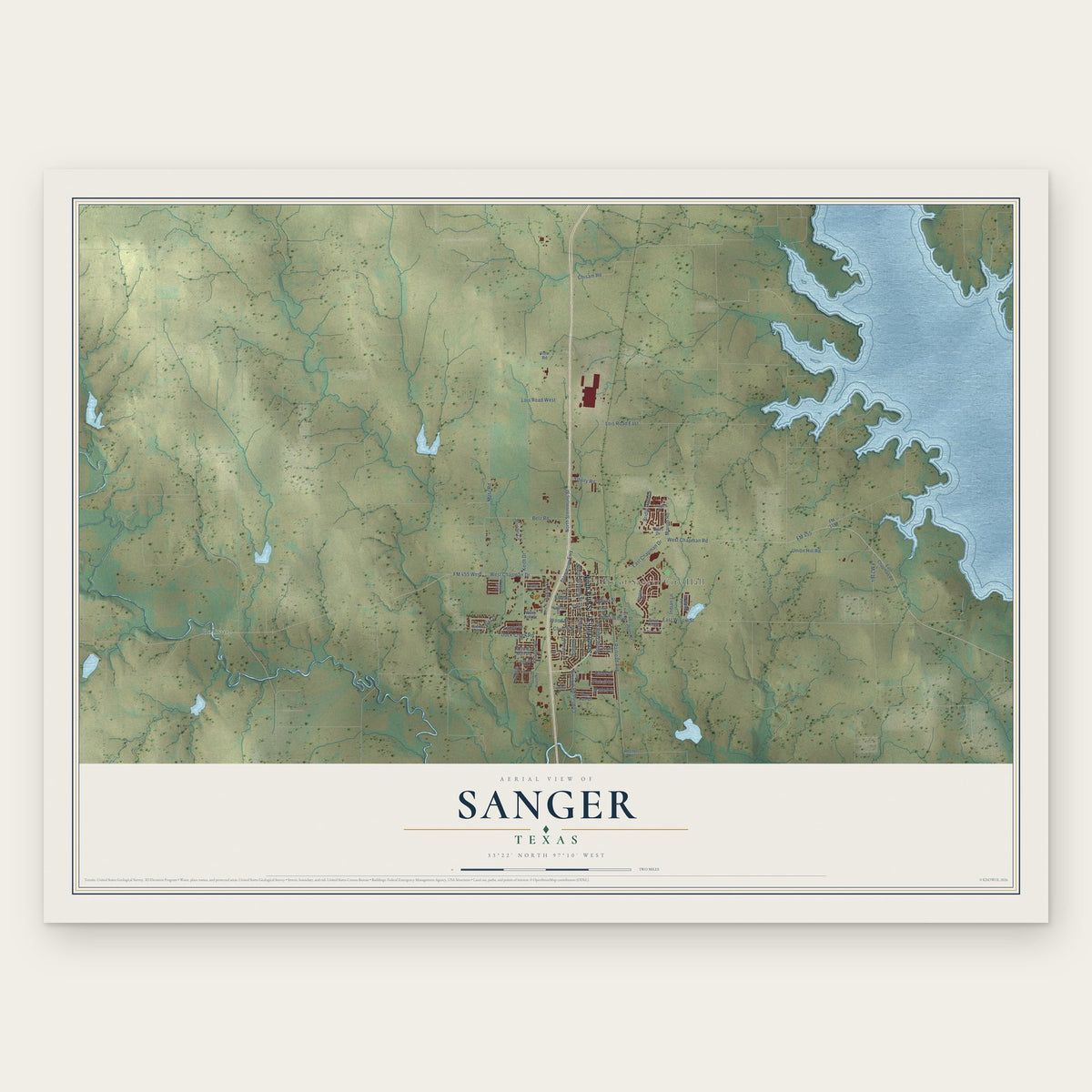 Sanger, Texas map print, the full design