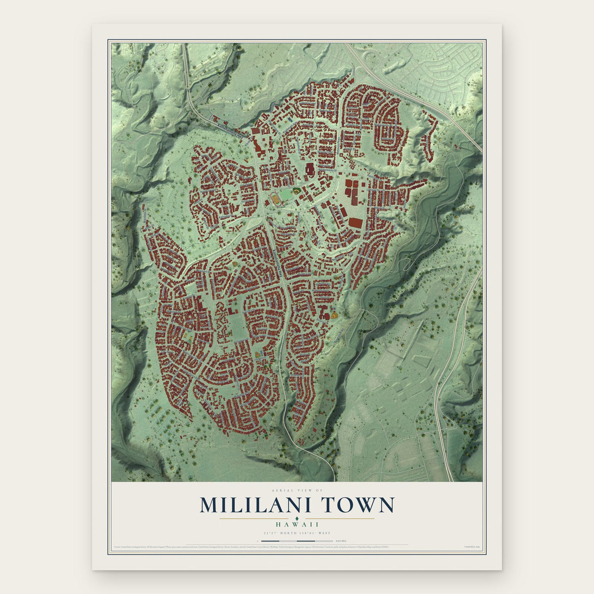 Mililani Town, Hawaii map print, the full design