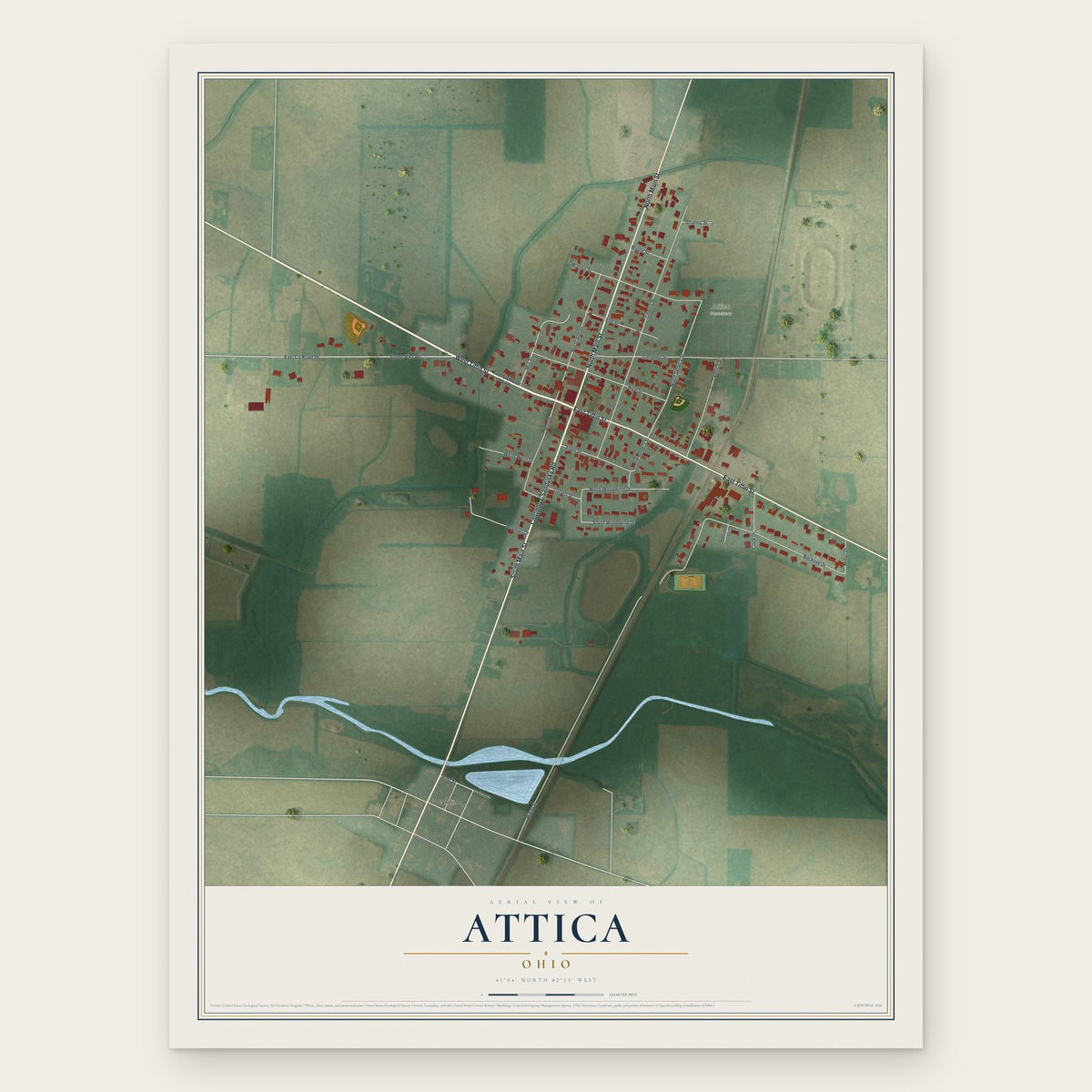 Attica, Ohio map print, the full design