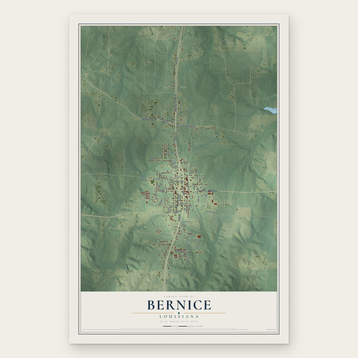 Bernice, Louisiana map print, the full design