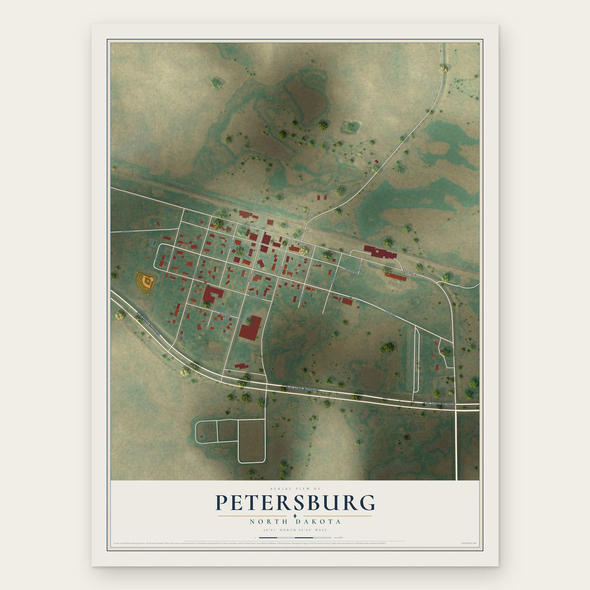 Petersburg, North Dakota map print, the full design