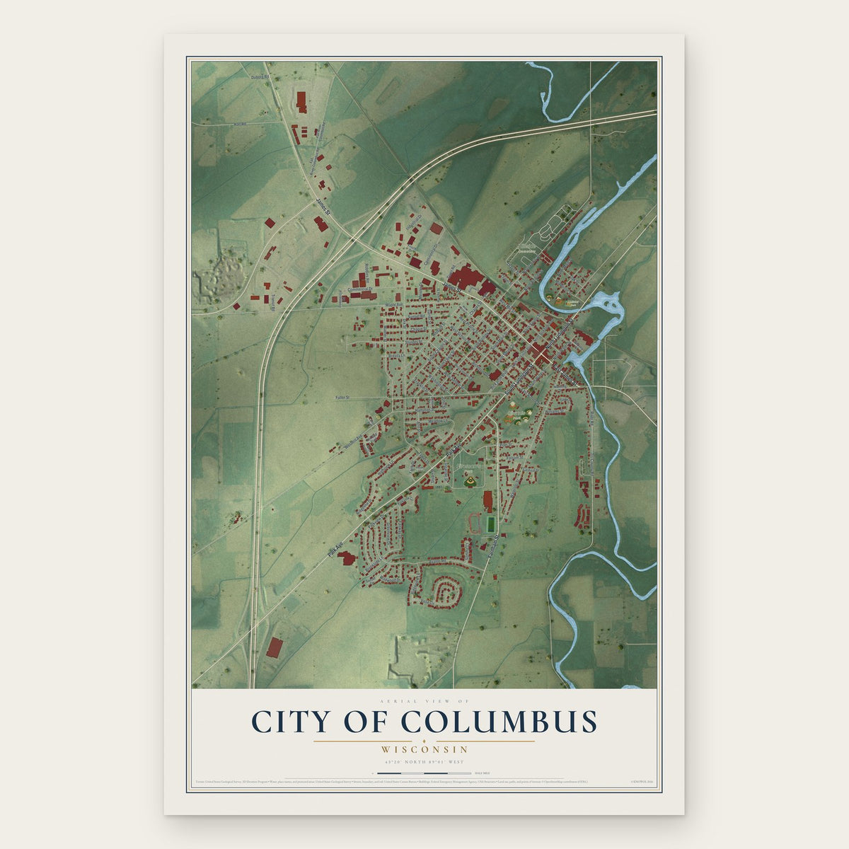 Columbus, Wisconsin map print, the full design