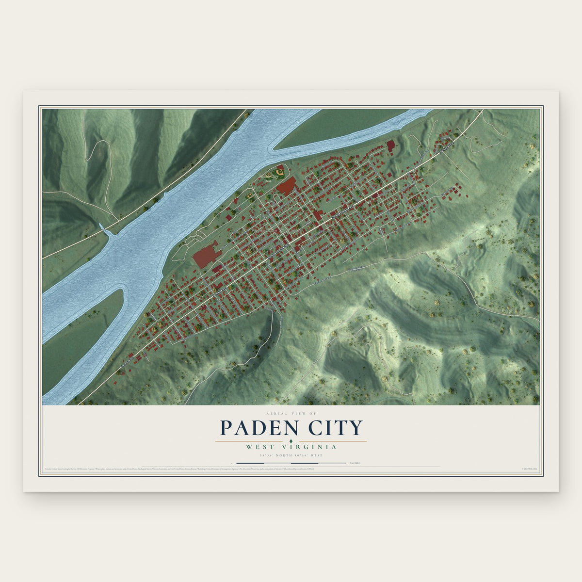 Paden City, West Virginia map print, the full design