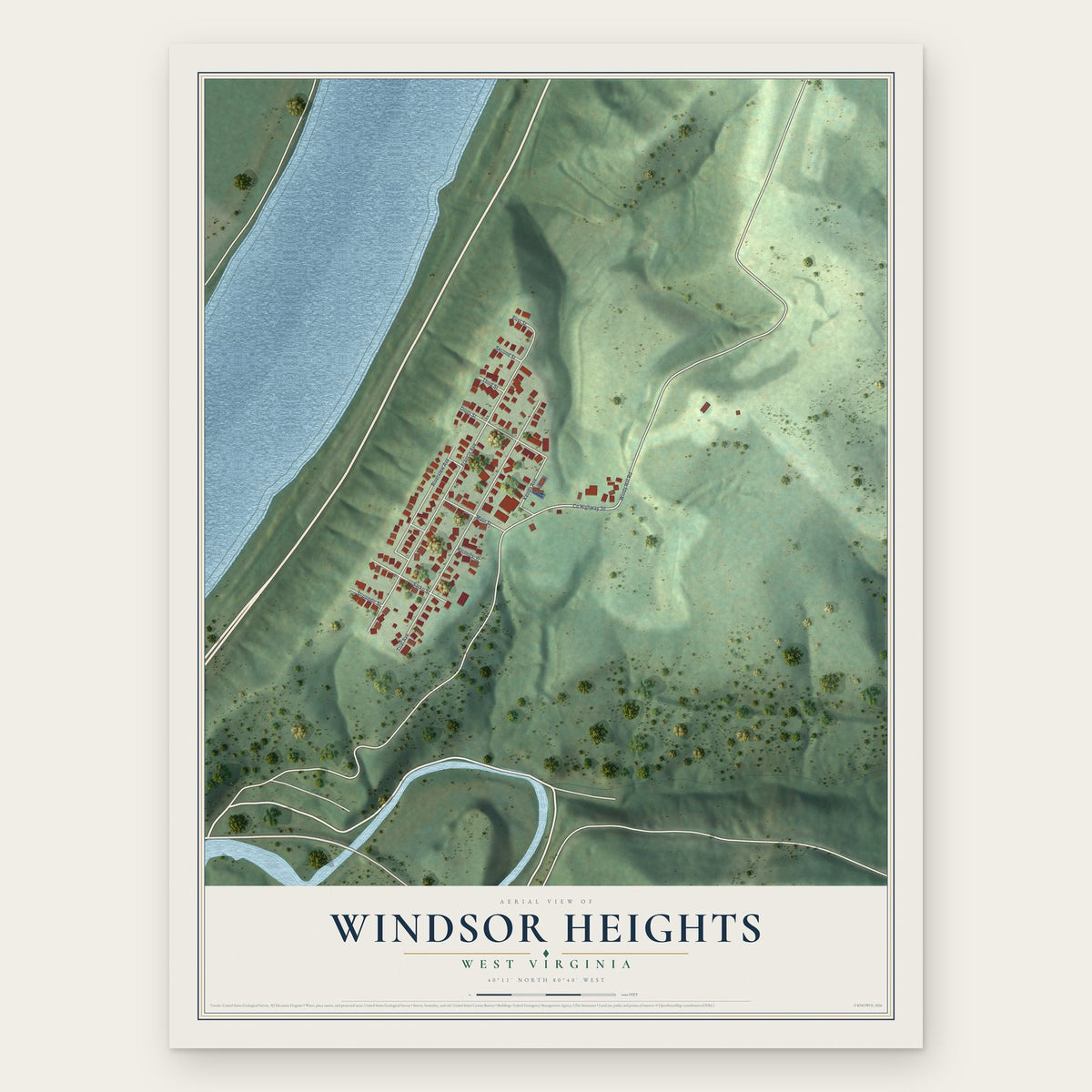 Windsor Heights, West Virginia map print, the full design