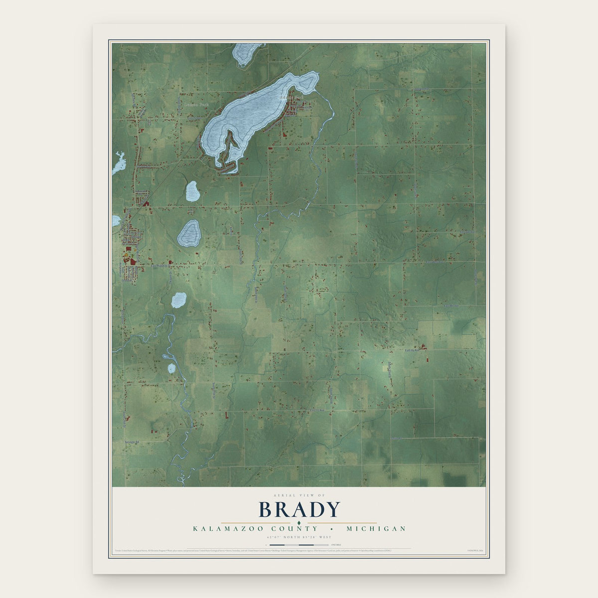 Brady, Kalamazoo County, Michigan map print, the full design